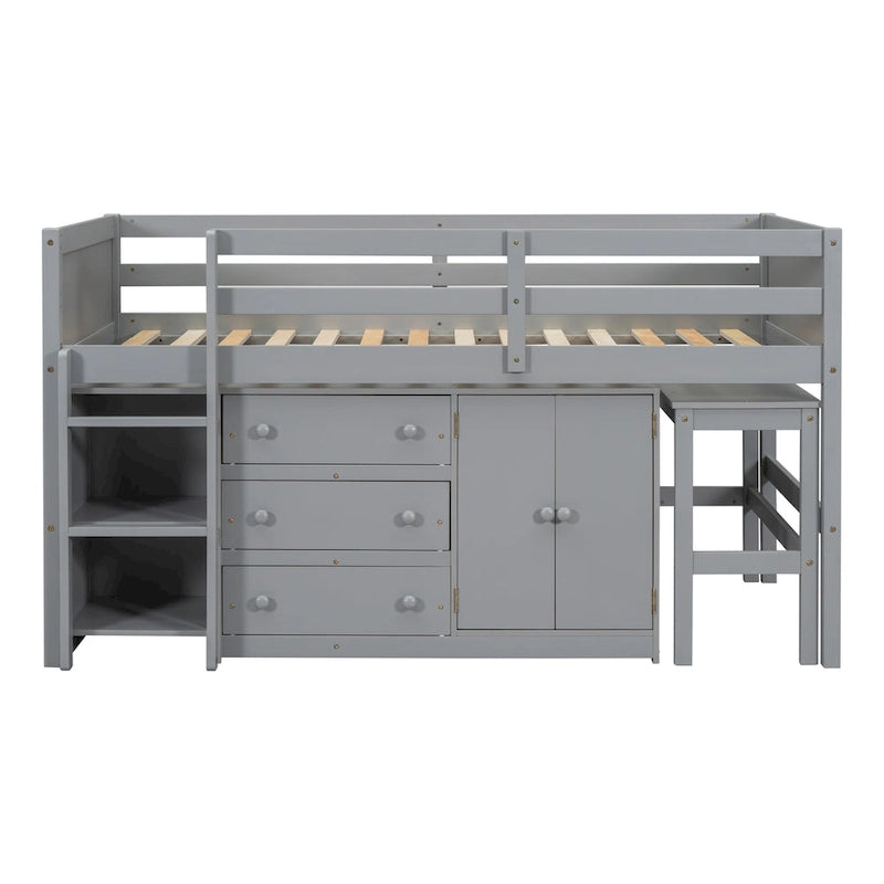 Grey Twin Size Wood Low Loft Bed With Pull-Out Desk, Drawers, Cabinet, and Shelves