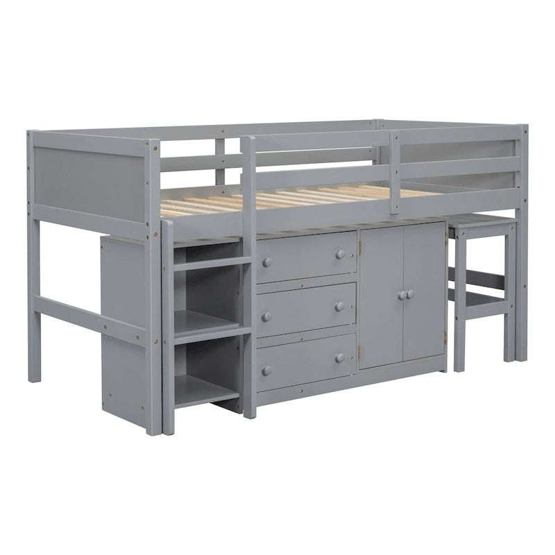 Grey Twin Size Wood Low Loft Bed With Pull-Out Desk, Drawers, Cabinet, and Shelves