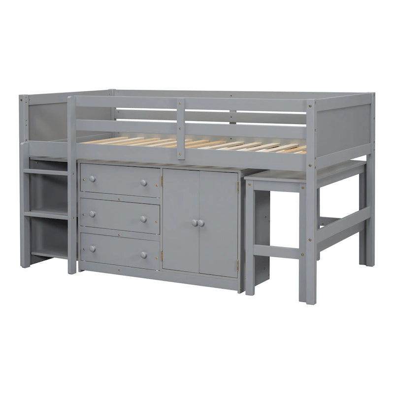 Grey Twin Size Wood Low Loft Bed With Pull-Out Desk, Drawers, Cabinet, and Shelves