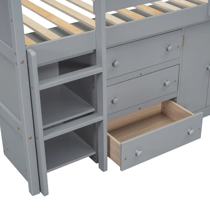Grey Twin Size Wood Low Loft Bed With Pull-Out Desk, Drawers, Cabinet, and Shelves