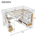 Natural+White Full Size Solid Wood Loft Bed with Desk and Shelves, Two Built-in Drawers, Storage Staircase