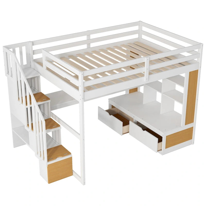 Natural+White Full Size Solid Wood Loft Bed with Desk and Shelves, Two Built-in Drawers, Storage Staircase