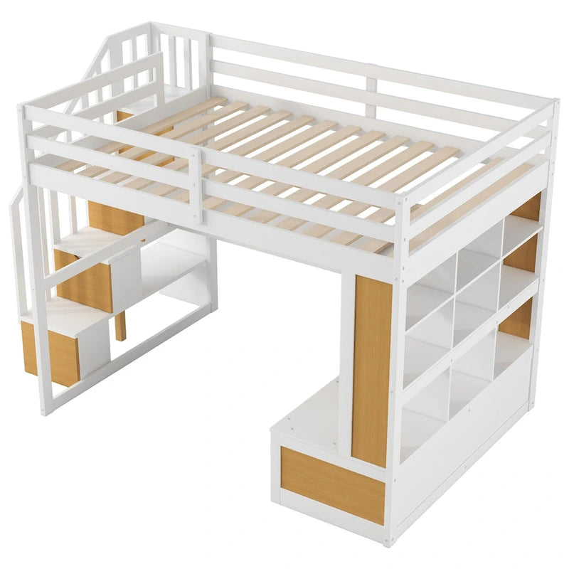 Natural+White Full Size Solid Wood Loft Bed with Desk and Shelves, Two Built-in Drawers, Storage Staircase