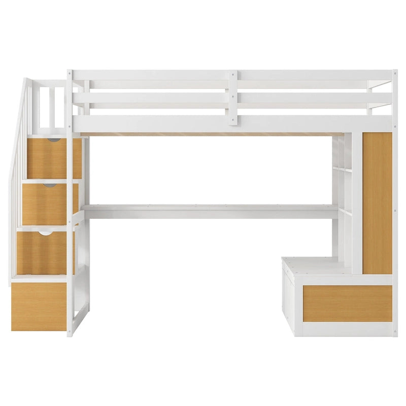 Natural+White Full Size Solid Wood Loft Bed with Desk and Shelves, Two Built-in Drawers, Storage Staircase