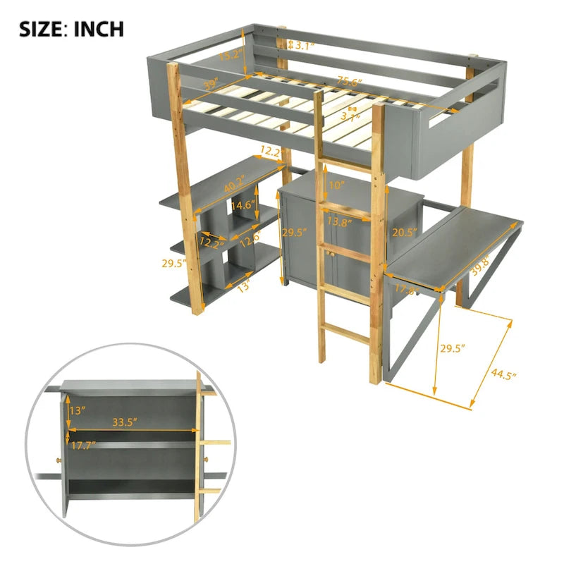 Gray Twin Size Solid Wood Loft Bed with Storage Cabinet & Desk