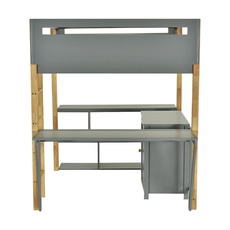 Gray Twin Size Solid Wood Loft Bed with Storage Cabinet & Desk