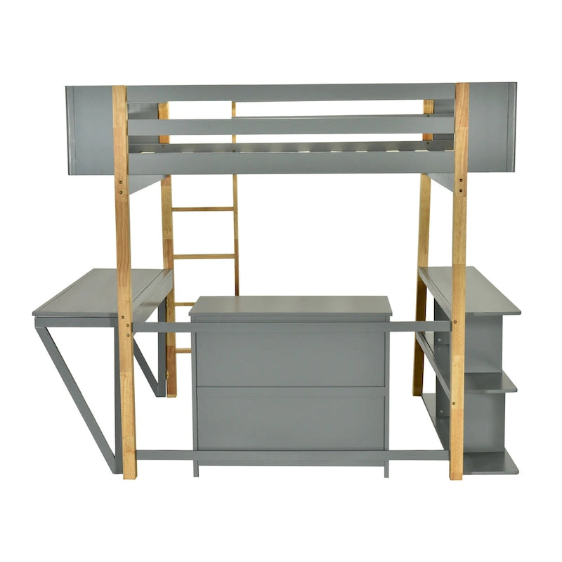 Gray Twin Size Solid Wood Loft Bed with Storage Cabinet & Desk