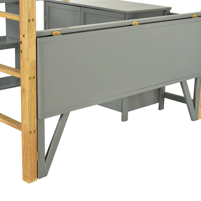 Gray Twin Size Solid Wood Loft Bed with Storage Cabinet & Desk