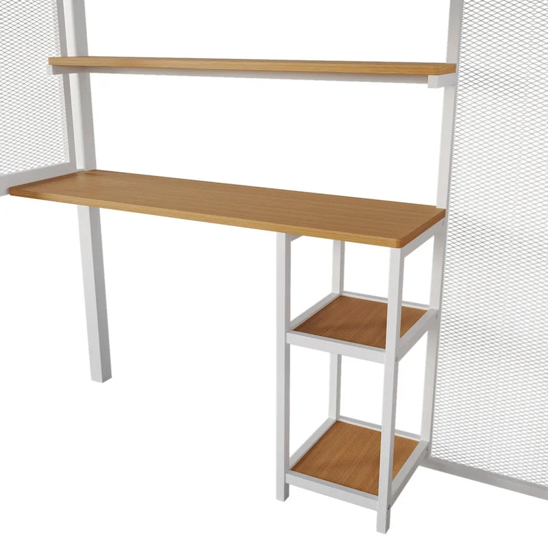 White Full Size Metal Loft Bed with Wardrobe, Desk, and Storage Shelves