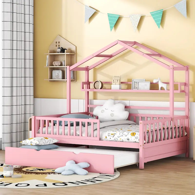 Full Wooden House Bed with Twin Trundle