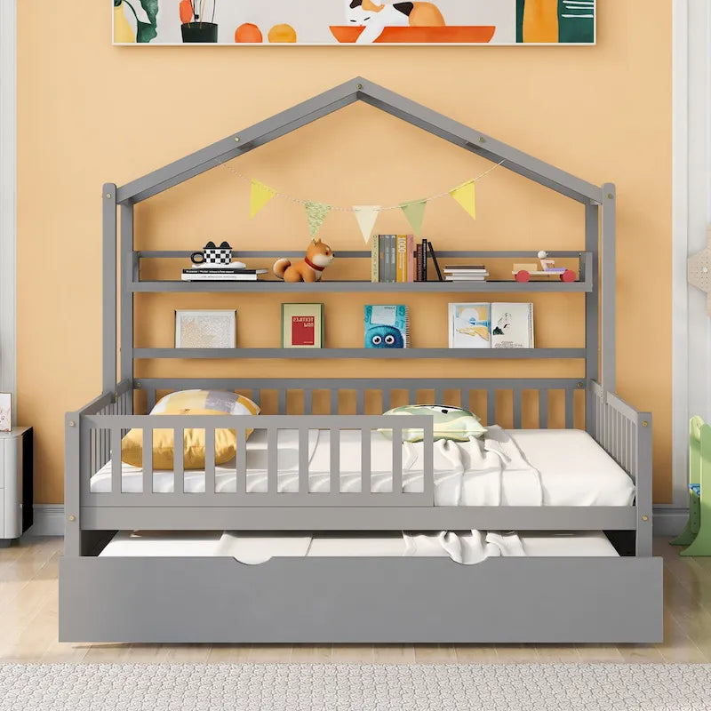 Full Wooden House Bed with Twin Trundle