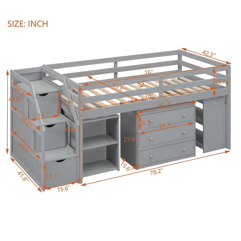 Solid Wood Loft Bed with Desk