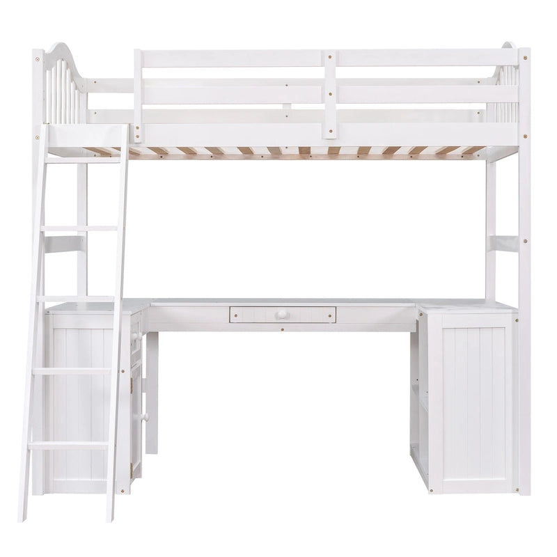 Twin Wooden Loft Bed with Desk and Shelves