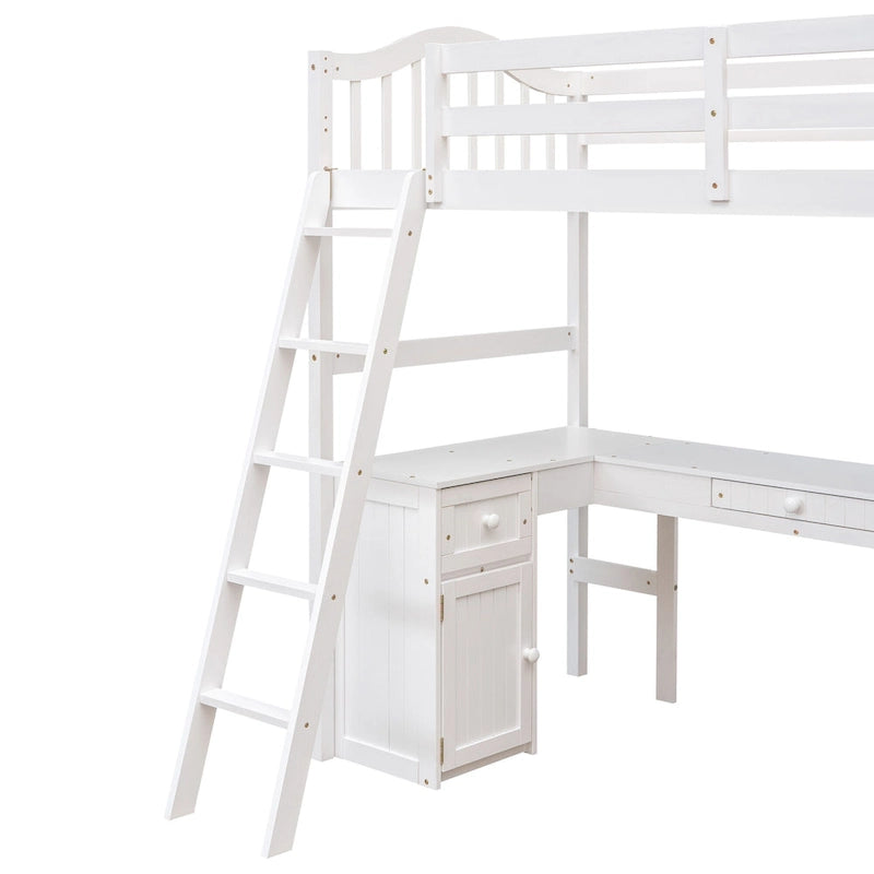 Twin Wooden Loft Bed with Desk and Shelves