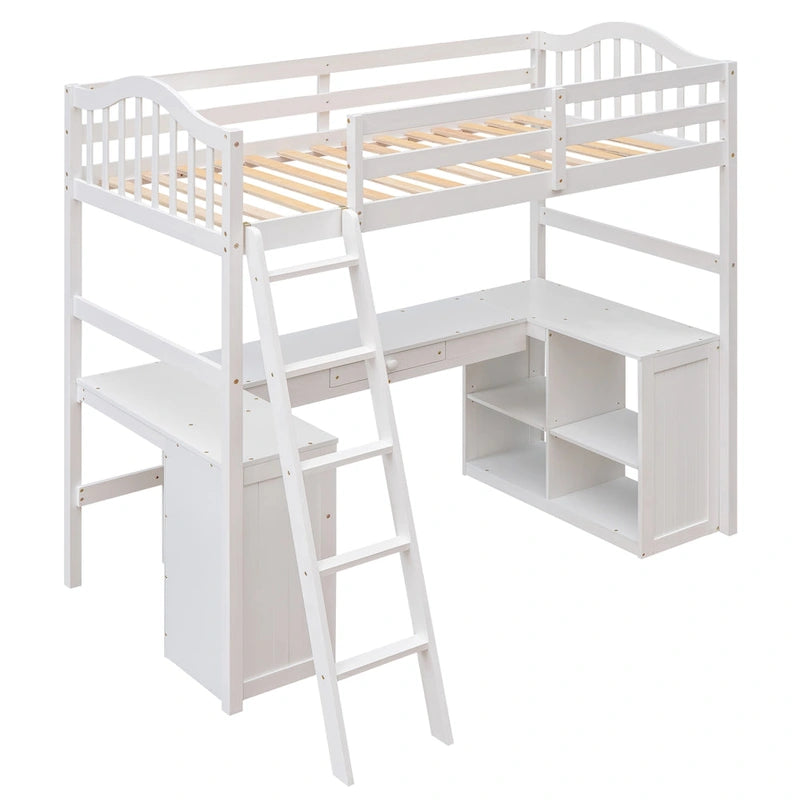 Twin Wooden Loft Bed with Desk and Shelves