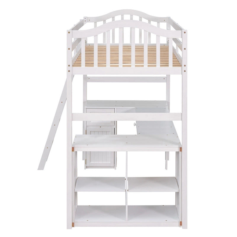 Twin Wooden Loft Bed with Desk and Shelves