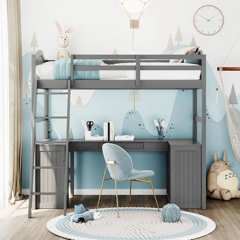 Twin Wooden Loft Bed with Desk and Shelves