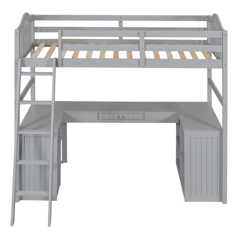Twin Wooden Loft Bed with Desk and Shelves