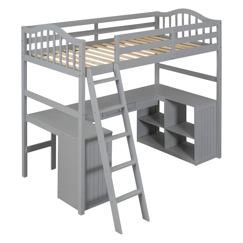 Twin Wooden Loft Bed with Desk and Shelves