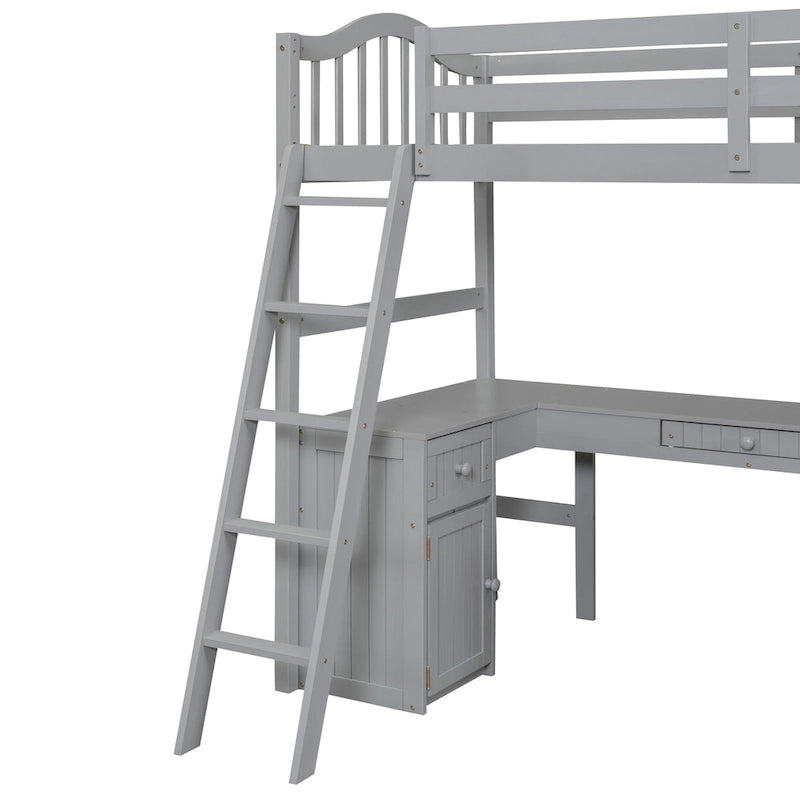 Twin Wooden Loft Bed with Desk and Shelves