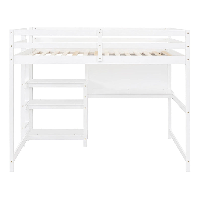 Full Wooden Loft Bed with Shelves and Desk