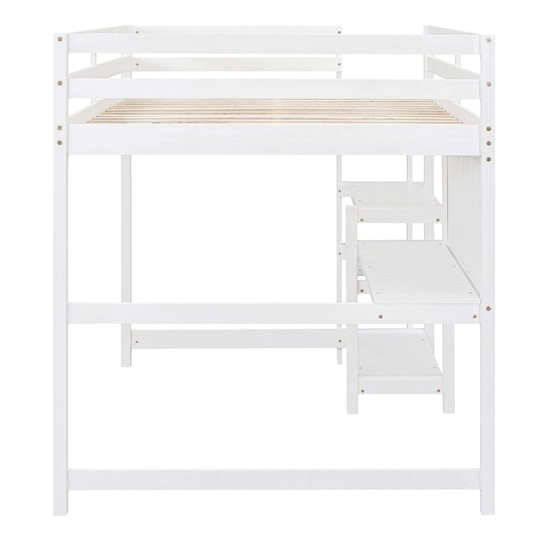 Full Wooden Loft Bed with Shelves and Desk