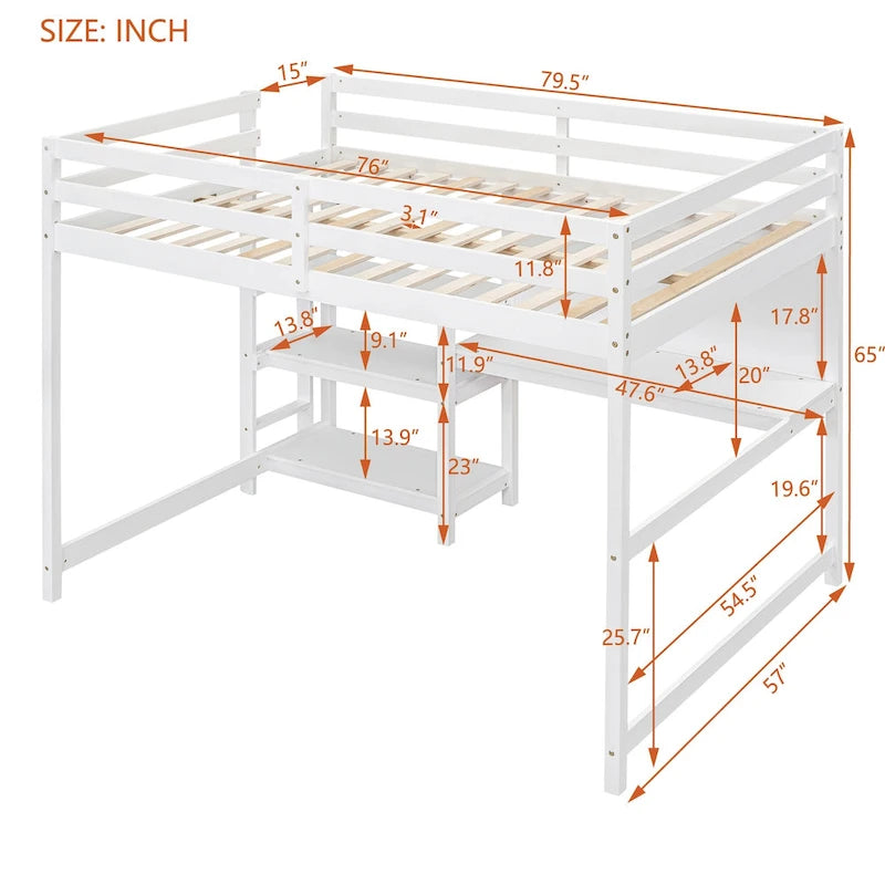 Full Wooden Loft Bed with Shelves and Desk