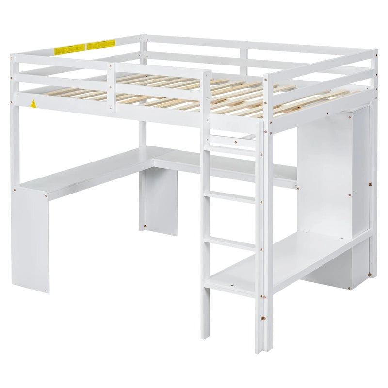 Solid Wood Loft Bed with L-shaped Desk & Storage