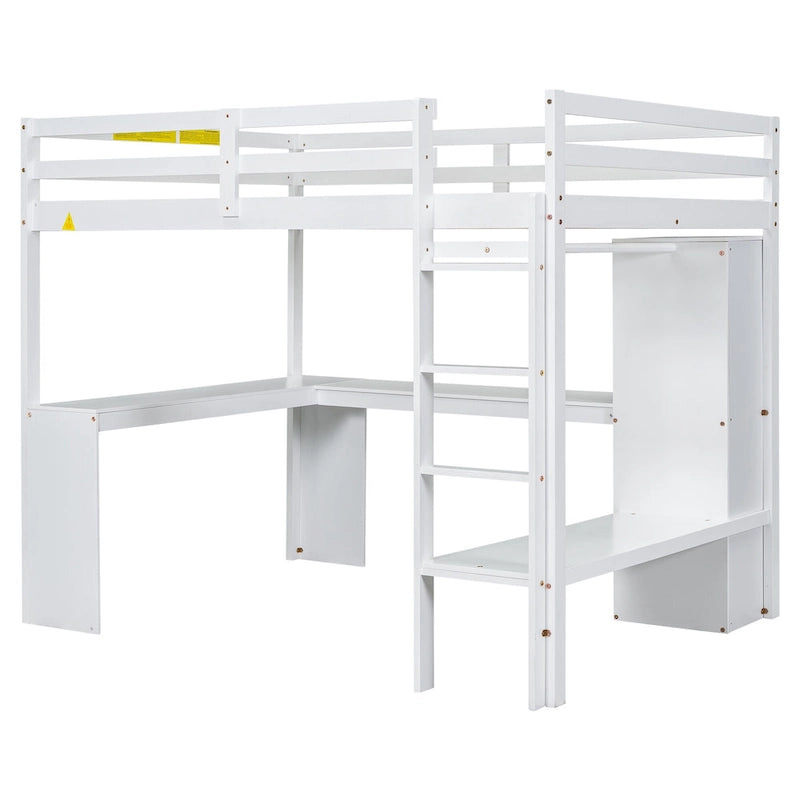 Solid Wood Loft Bed with L-shaped Desk & Storage