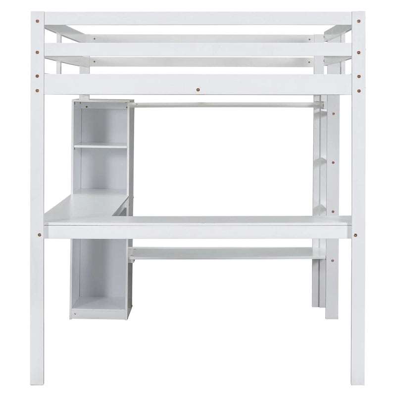 Solid Wood Loft Bed with L-shaped Desk & Storage