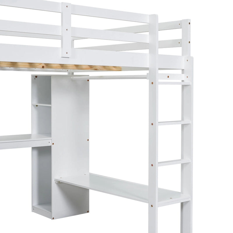 Solid Wood Loft Bed with L-shaped Desk & Storage