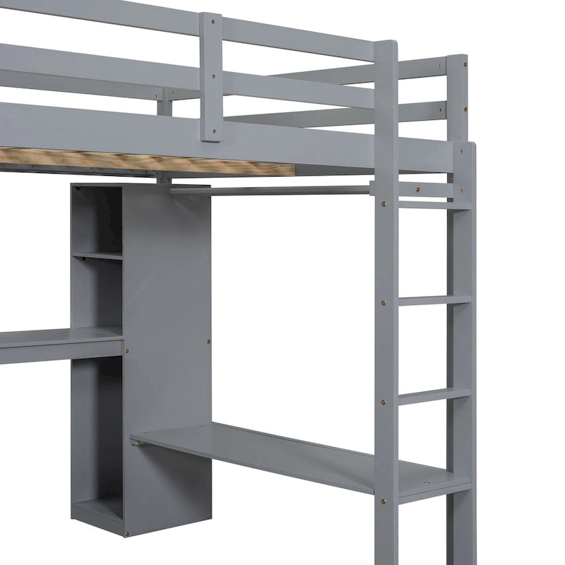Solid Wood Loft Bed with L-shaped Desk & Storage