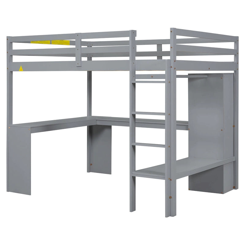 Solid Wood Loft Bed with L-shaped Desk & Storage