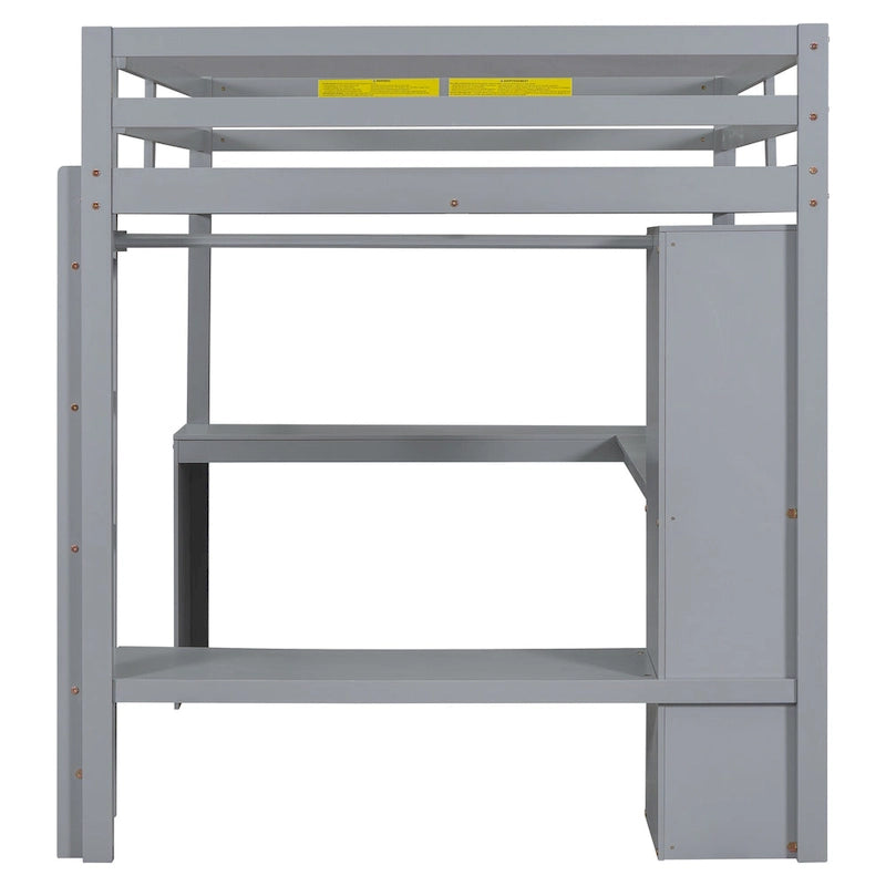 Solid Wood Loft Bed with L-shaped Desk & Storage