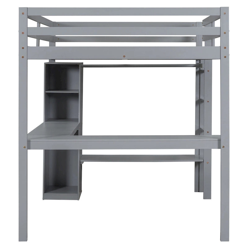 Solid Wood Loft Bed with L-shaped Desk & Storage
