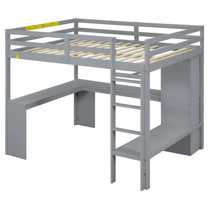 Solid Wood Loft Bed with L-shaped Desk & Storage