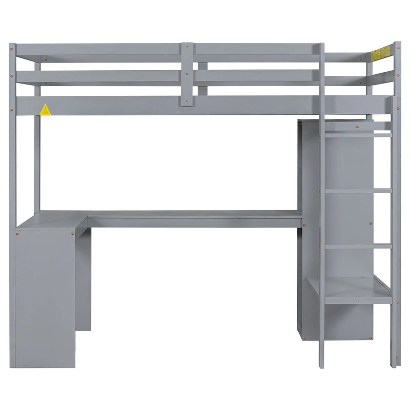Solid Wood Loft Bed with L-shaped Desk & Storage