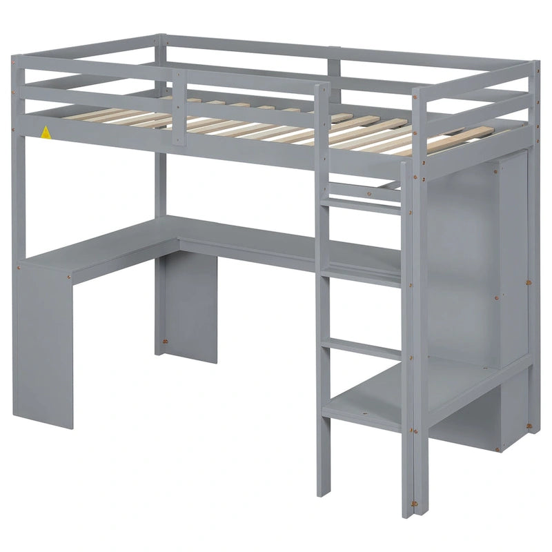 Solid Wood Loft Bed with L-shaped Desk & Storage
