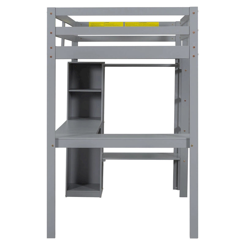 Solid Wood Loft Bed with L-shaped Desk & Storage