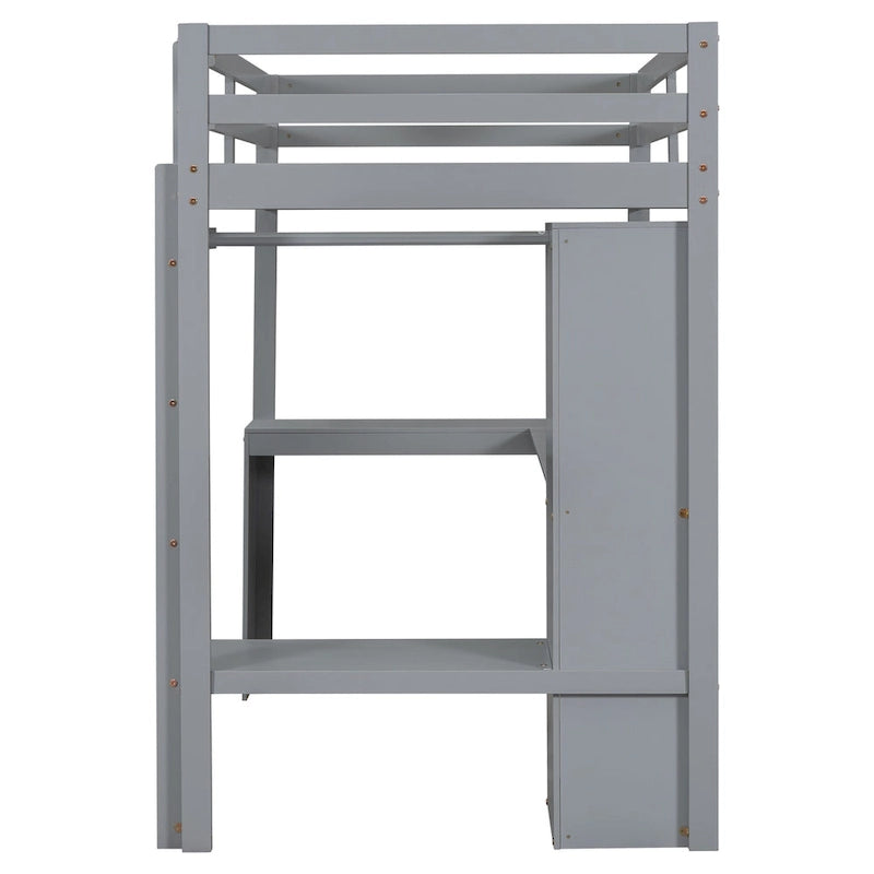 Solid Wood Loft Bed with L-shaped Desk & Storage