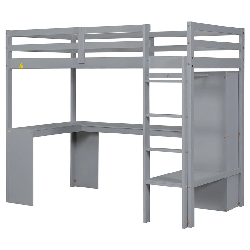 Solid Wood Loft Bed with L-shaped Desk & Storage
