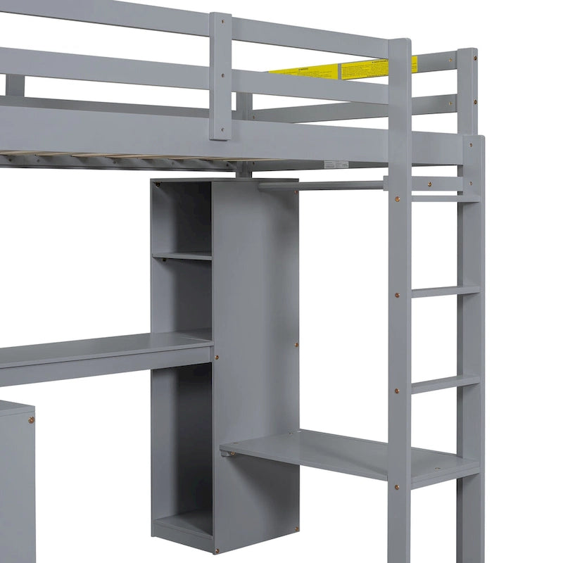 Solid Wood Loft Bed with L-shaped Desk & Storage