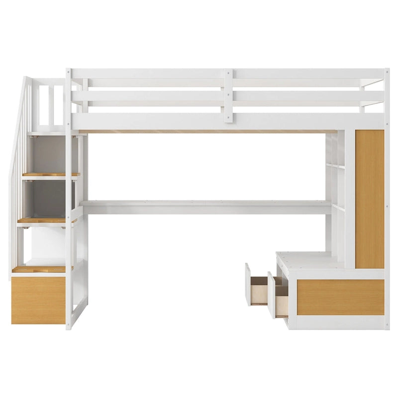 Natural+White Full Solid Wood Loft Bed with Desk & Drawers