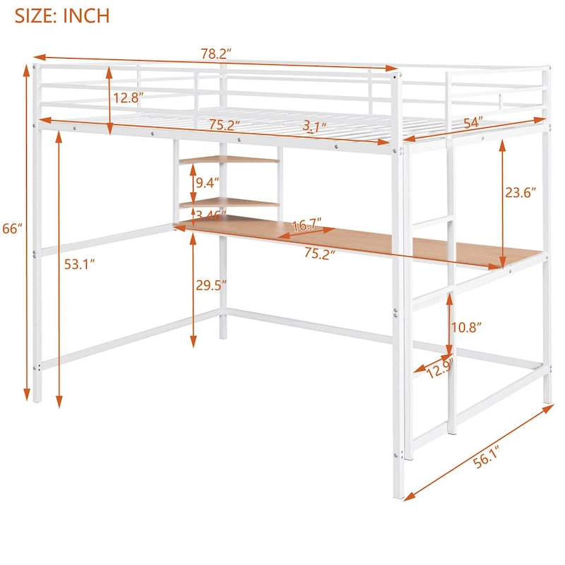 White Full Size Metal Loft Bed with Desk, Ladder, and Shelf for Kids