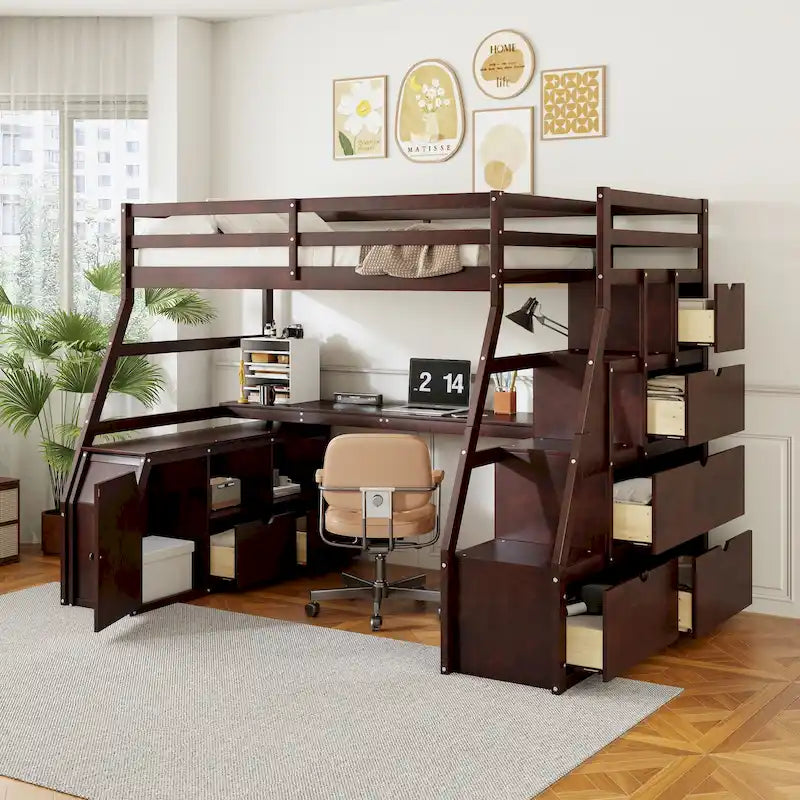 Full Size Wood Loft Bed with Drawers, Shelves & Desk