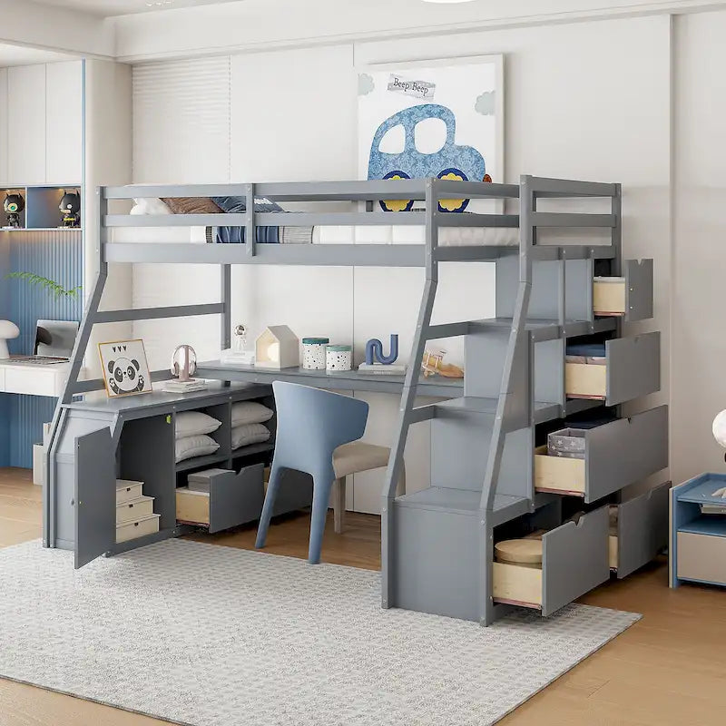 Full Size Wood Loft Bed with Drawers, Shelves & Desk