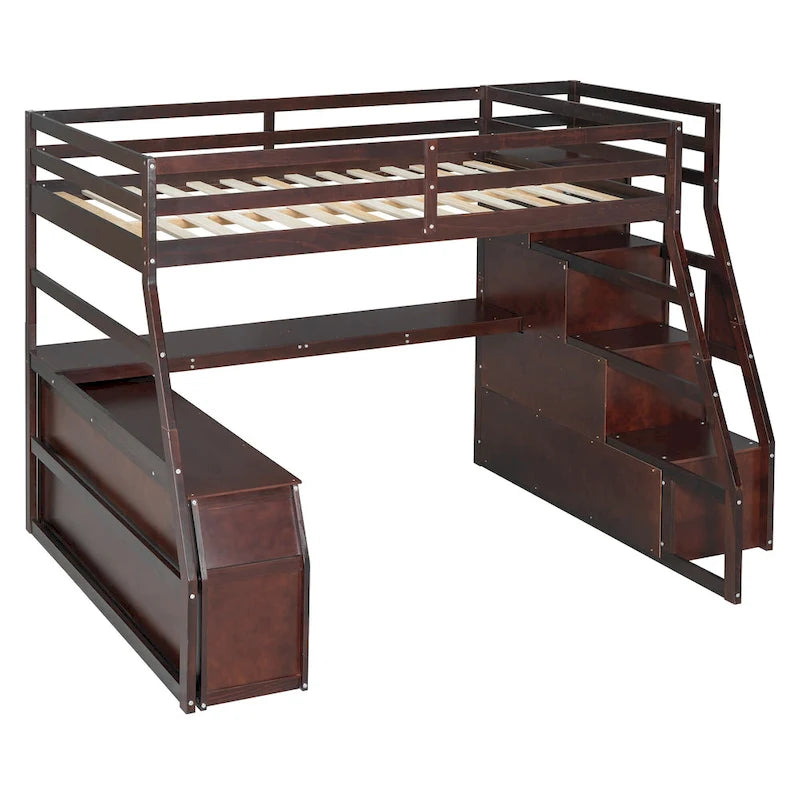 Full Size Wood Loft Bed with Drawers, Shelves & Desk