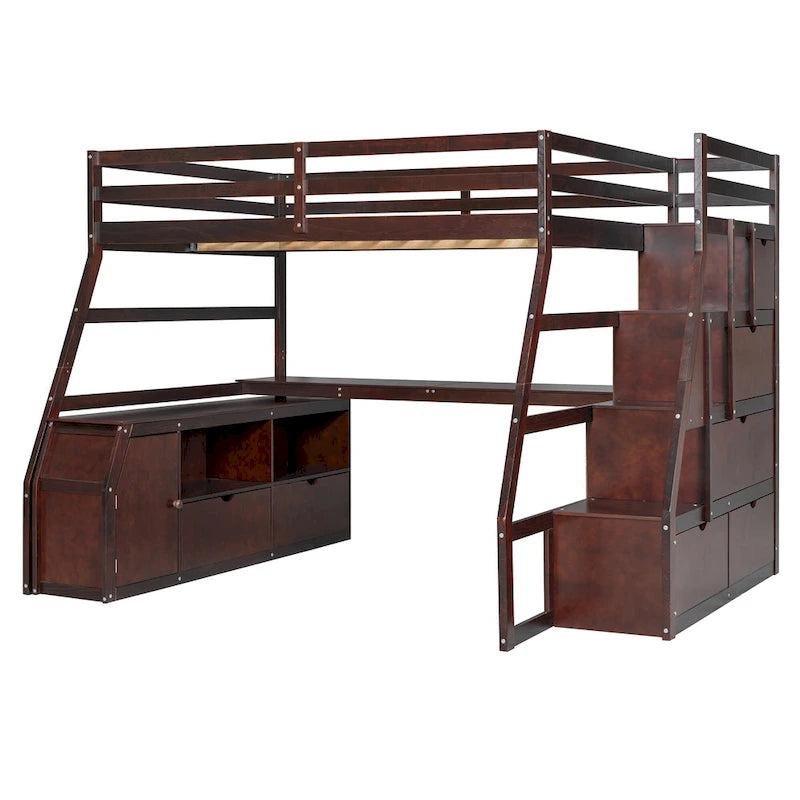 Full Size Wood Loft Bed with Drawers, Shelves & Desk
