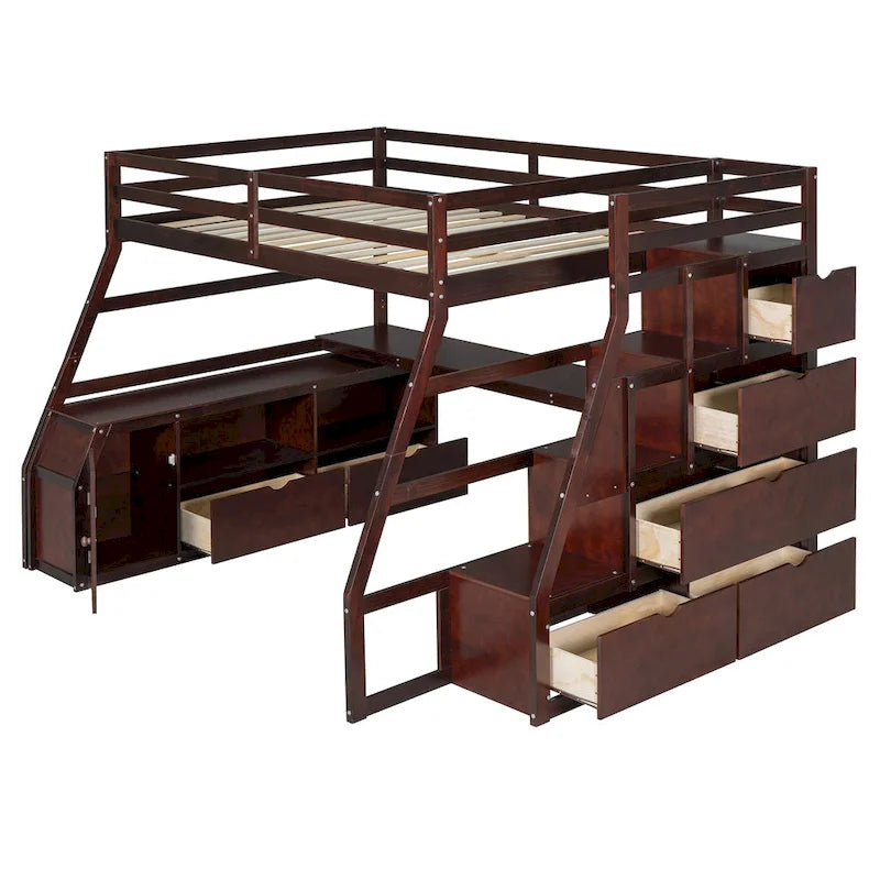 Full Size Wood Loft Bed with Drawers, Shelves & Desk