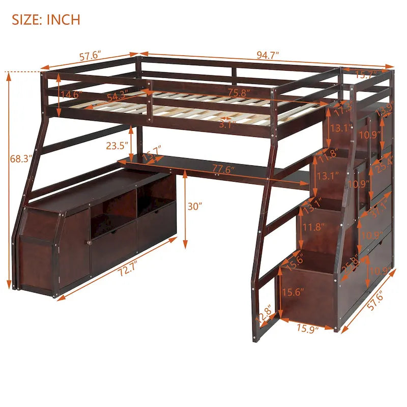 Full Size Wood Loft Bed with Drawers, Shelves & Desk